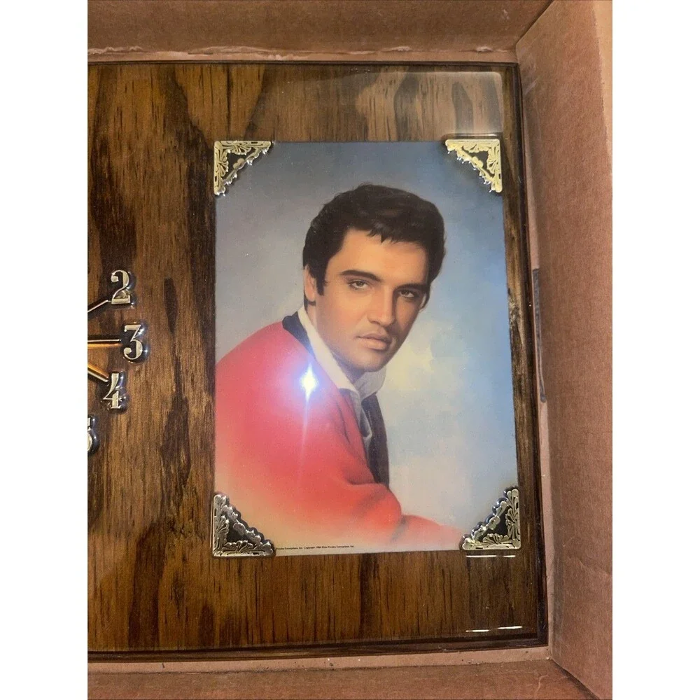 Vintage 1970s Elvis Presley Lacquered Wood Wall Clock Plaque Red Jacket 10x11